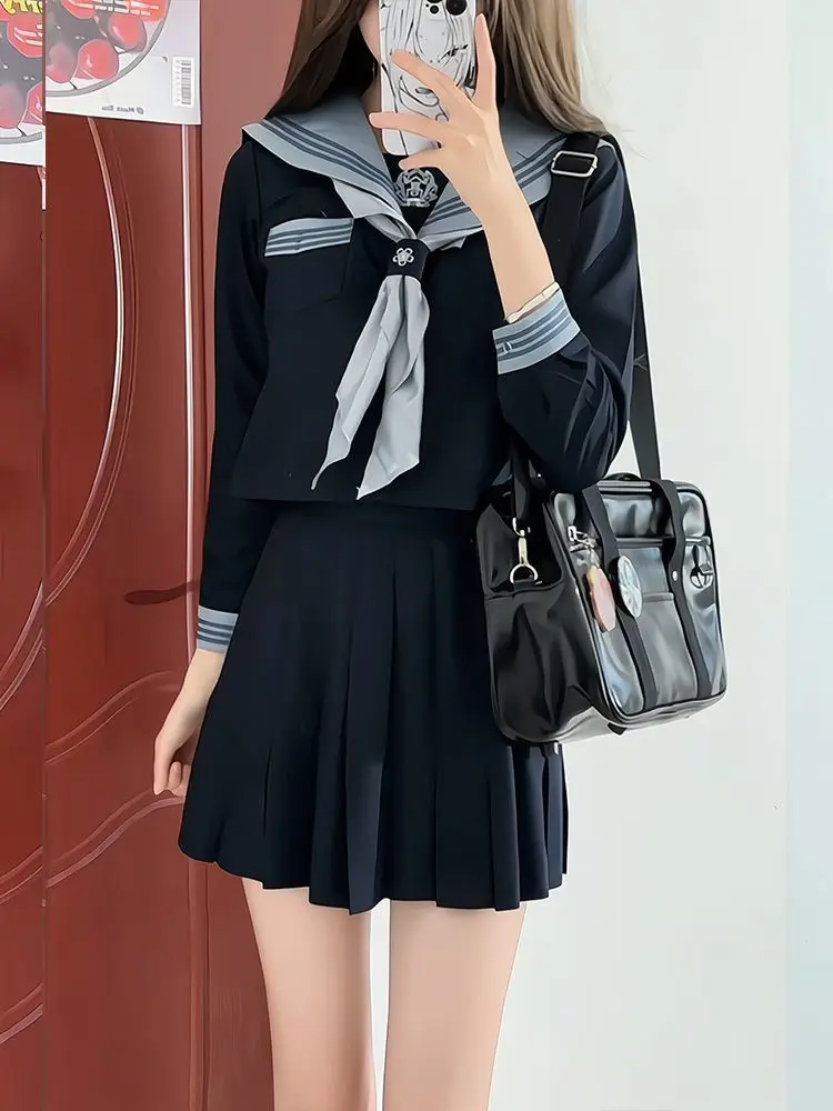 

Japan JK Uniform Black Sailor Uniform Female Student Korean Version College Style School Uniform Set Skirt