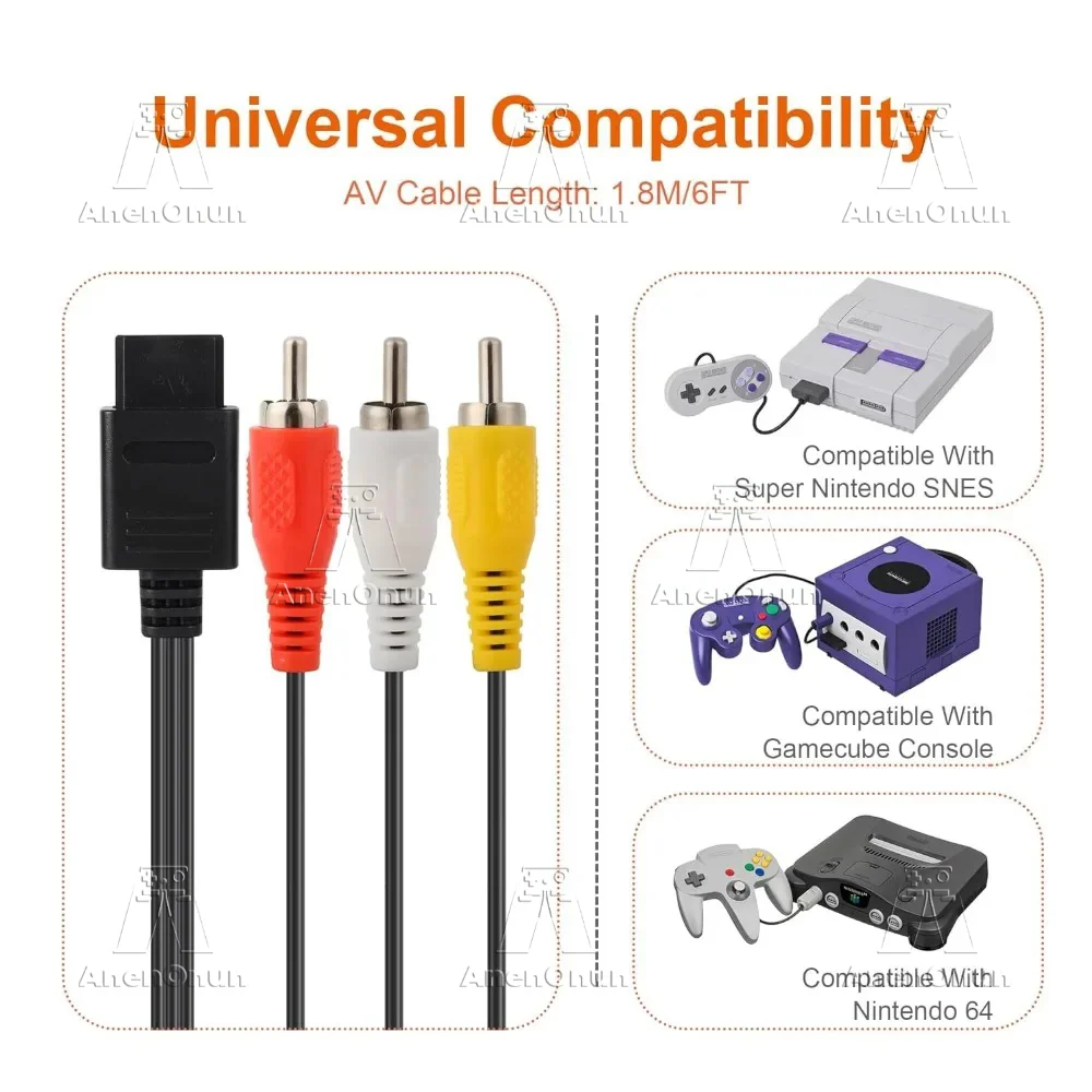 N64/Gamecube/SNES/SFC AV Cable Retro Video Game Console Accessories 1.8M/6ft High Quality TV Audio Video Composite Cable Cord