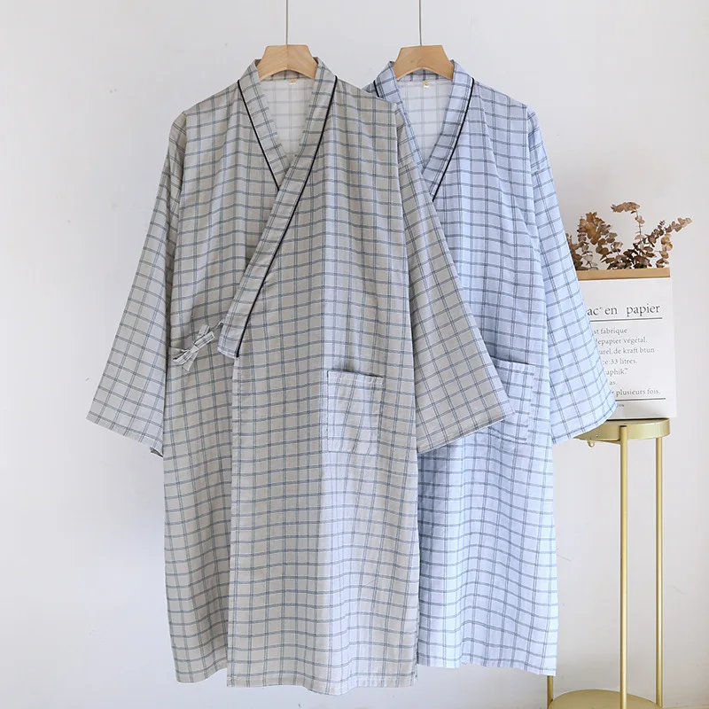 

Japanese Spring Autumn 100% Cotton Gauze Kimono Sleepwear Men's Large Size Nightgown Cotton Bathrobe Shower Robe Pajamas