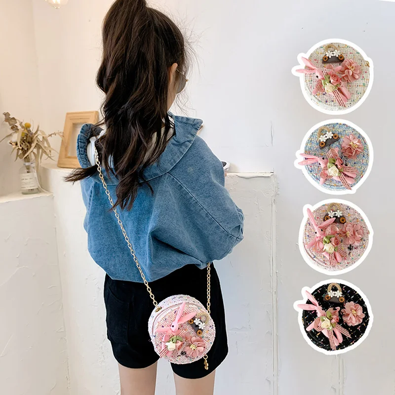 New Kids Crossbody Bag Girls Sweet Linen Round Shoulder Bags Children Princess Style Outdoor Casual Zipper Bags Kids Accessories