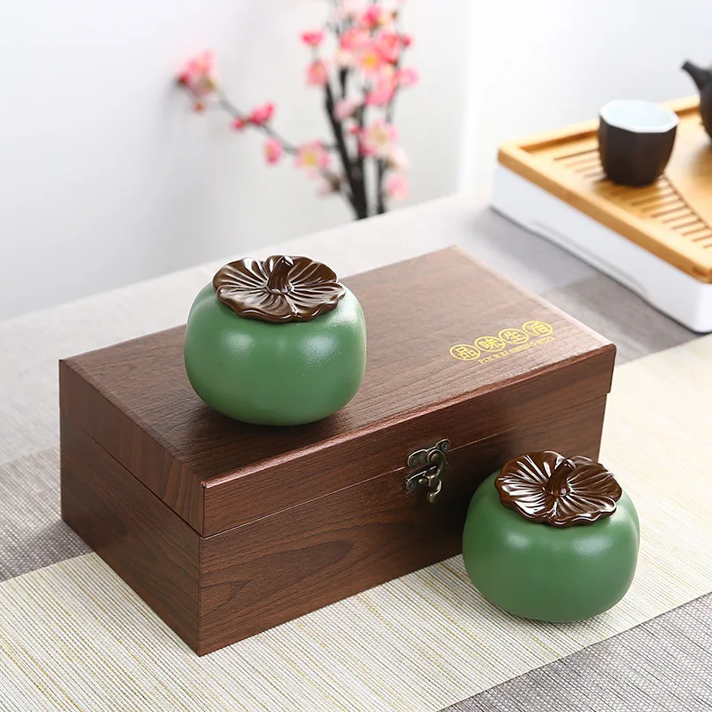 Creative Ceramic Green/Orange Persimmon Shaped 2 Tea Caddy set Decoration Small Size 8.8x8cm Household Tea Room Items Gift boxes