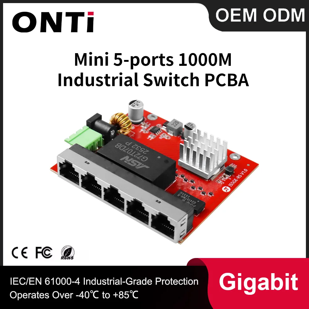 

Промышленный 5-портовый гигабитный коммутатор ONTi PCBA, 1000 Мбит/с, миниатюрный, для установки на DIN-рейку, Plug and Play, с промышленным чипом