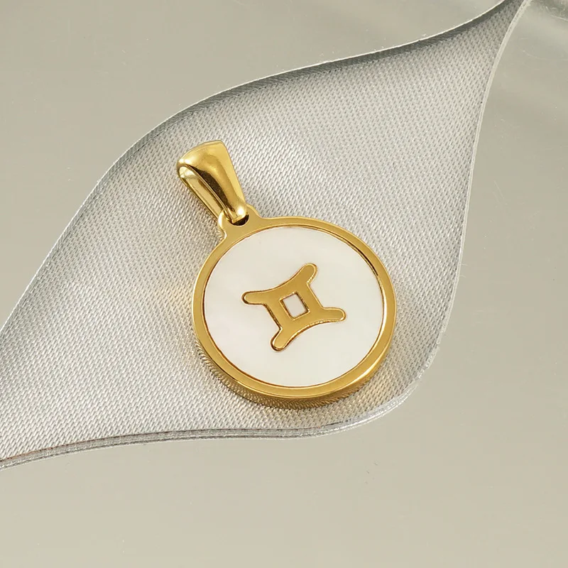 10pcs/Lot Stainless Steel 18K Gold Plated Round White Shell Base Zodiac Pendant Without Chain For Women Jewelry Bulk Sale
