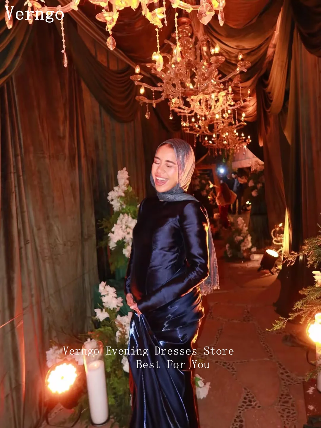 Verngo azul marinho cetim vestido de noite mangas completas sereia vestidos de ocasião formal elegante vestido de festa plissado personalizado