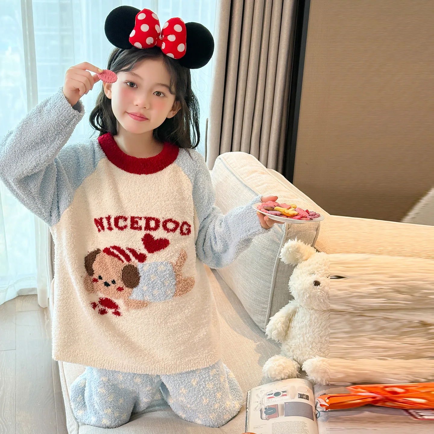 2025 جديد الخريف الشتاء سميكة نصف الصوف الكرتون Homewear مجموعات الكورية نمط في الهواء الطلق يمكن ارتداؤها لينة مريحة طويلة الأكمام