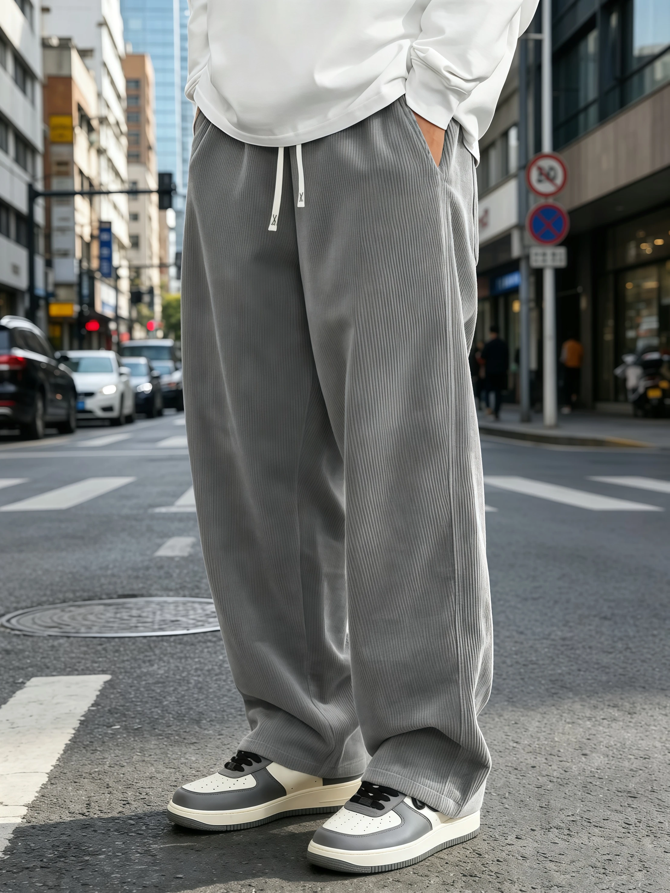 Herren Cordhose mit weitem Bein, einfarbig, lockerer Schnitt, elastischer Kordelzug, gerade geschnittene Outdoor-Streetwear-Hose S-4XL – Detail 3
