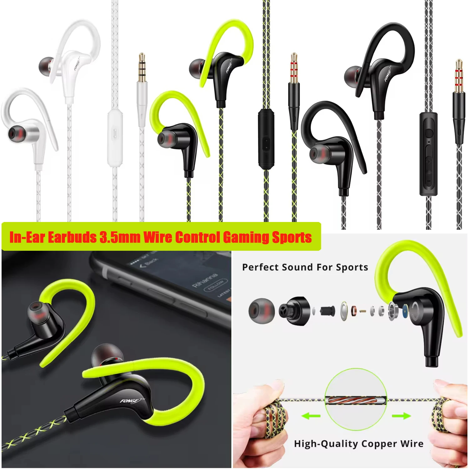 Sports Earbuds Wired With Micr Wrap Around Earphone Over Ear Hook in Ear Headphone for Workout Exercise Gym In-ear Phone Headset