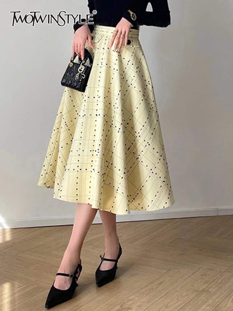 TWOTWINSTYLE Colorblock Elegant Embroidery Skirt For Women High Waist Patchwork Button Temperament A Line Skirts Female Style