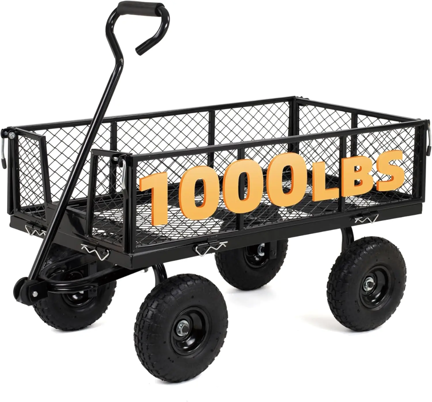 Heavy Duty Mesh Steel Garden Cart with 1000 Lbs Capacity, Folding Utility Wagon on Wheels, Pullable Yard Lawn Wagon with Removable Sides for Outdoor, Black