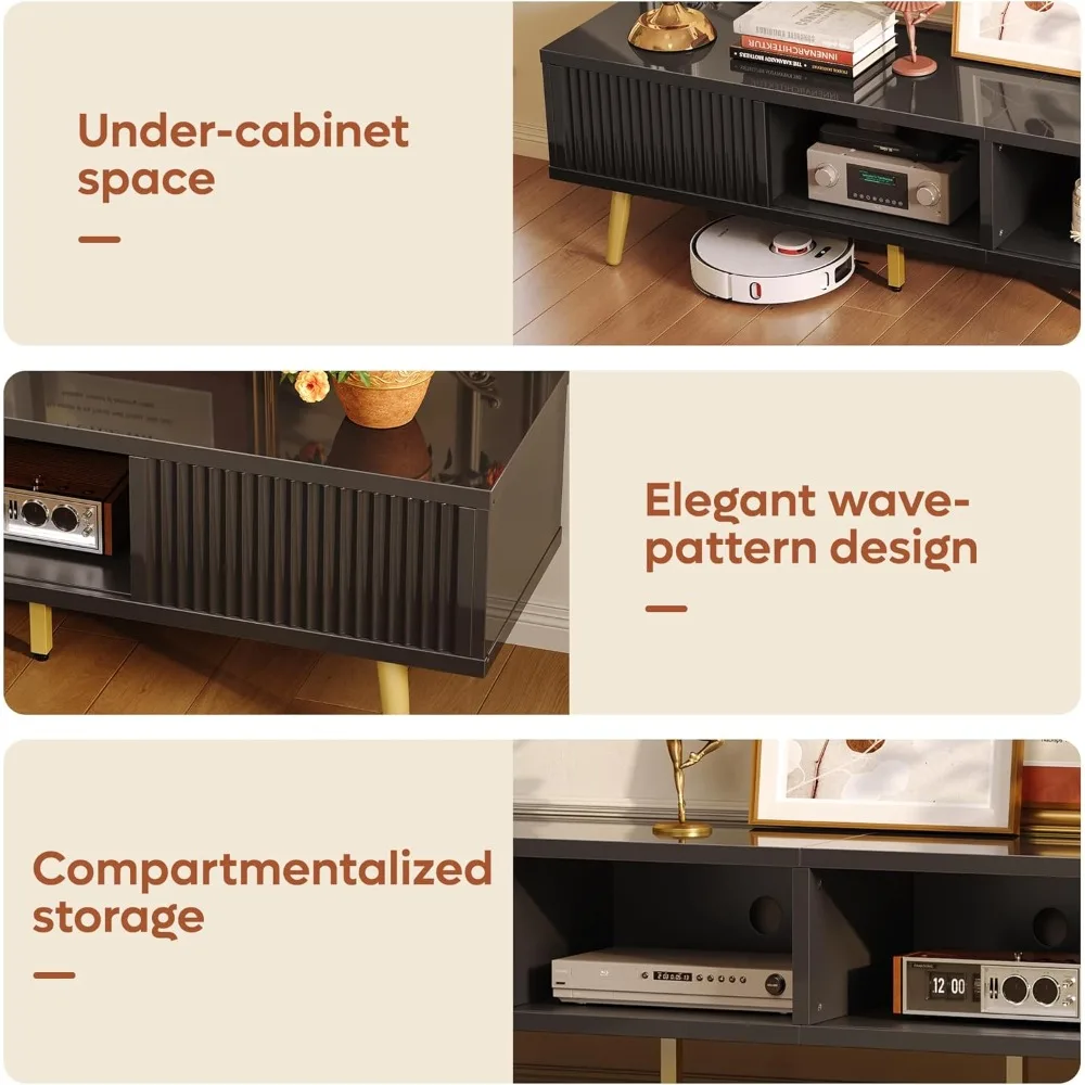 TV Stand for 75/80 inch TV, Low TV Stand with Fluted Sliding Doors, High Gloss Entertainment Center with Storage for Liv