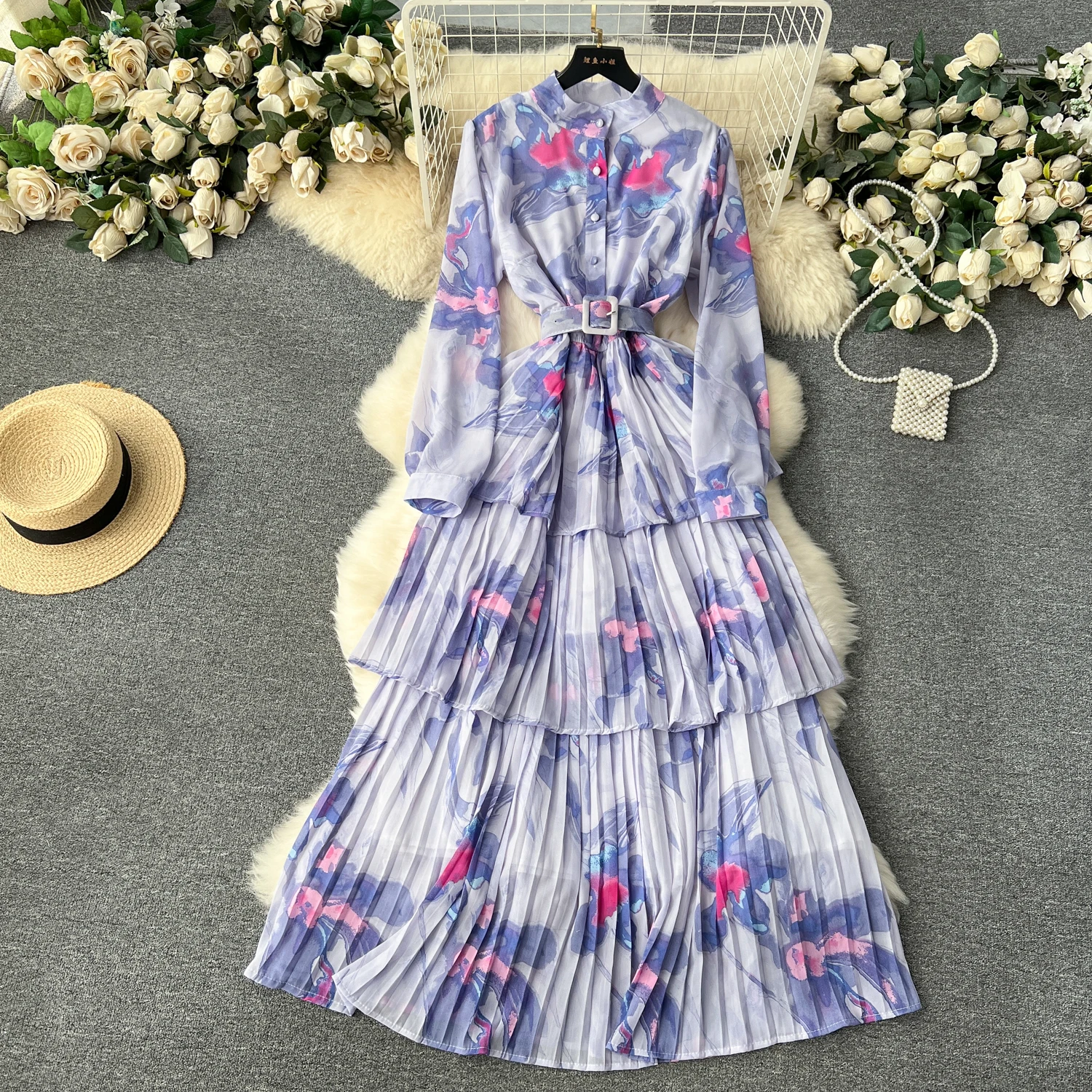 

Vintage Elegant Ruffle Pleated Print Tiered Dress Chic A-line Fashion Chiffon Spring Autumn Long Sleeve Vestidos Women Dresses