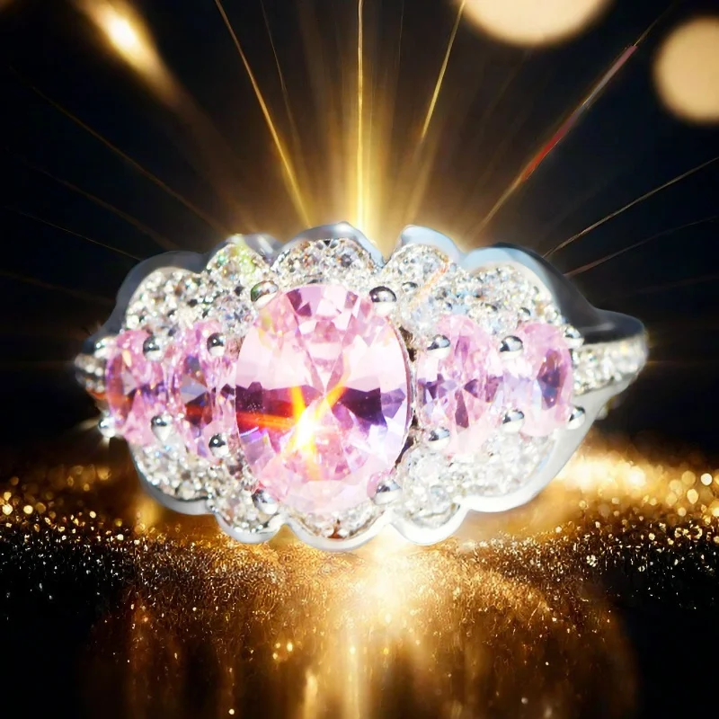 1PC Shiny Flower Oval White Pink Cubic Zirconia Engagement Ring for Women, Wedding Bride Promise Anniversary Ring, Daily Jewelry, Proposal Ring, Valentine's Day Mother's Day Christmas Gift for Ladies
