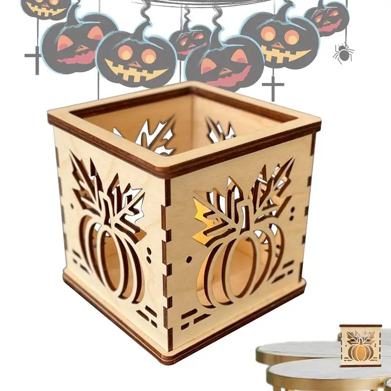 

Wood Pumpkin Candle Holder Square Cutout Pumpkin Light Fall Decoration Pumpkin Lantern With Electric Candle Halloween Home Decor