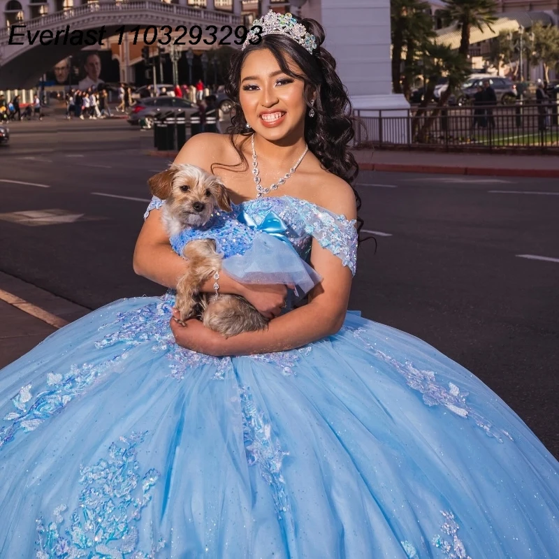 EVLAST Customized Blue Quinceanera Dress Ball Gown Lace Appliques Beading Bow Mexican Sweet 16 Vestido De 15 Anos TQD290