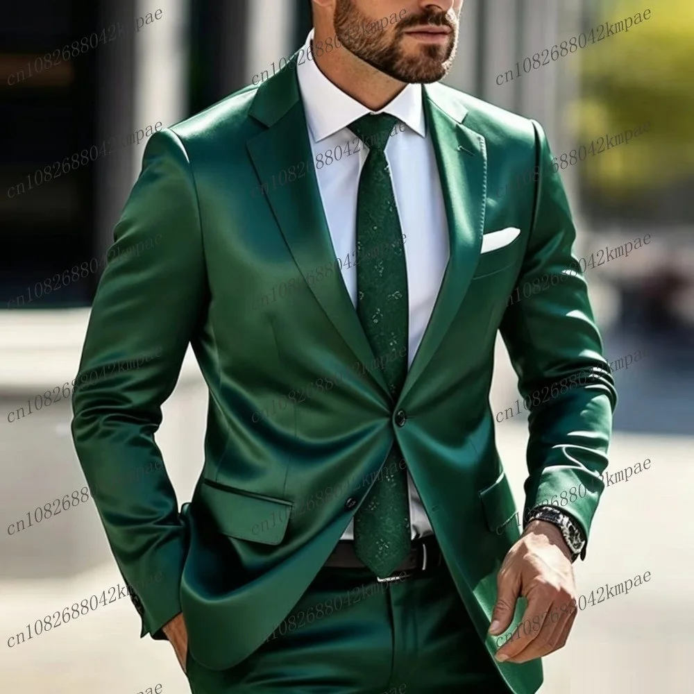 Traje Formal de Satén Acetato Verde Brillante para Hombre, Traje de Novio, Padrino de Boda, Fiesta, Baile de Graduación, Negocios, Esmoquin Masculino de 2 Piezas, Blazer y Pantalones