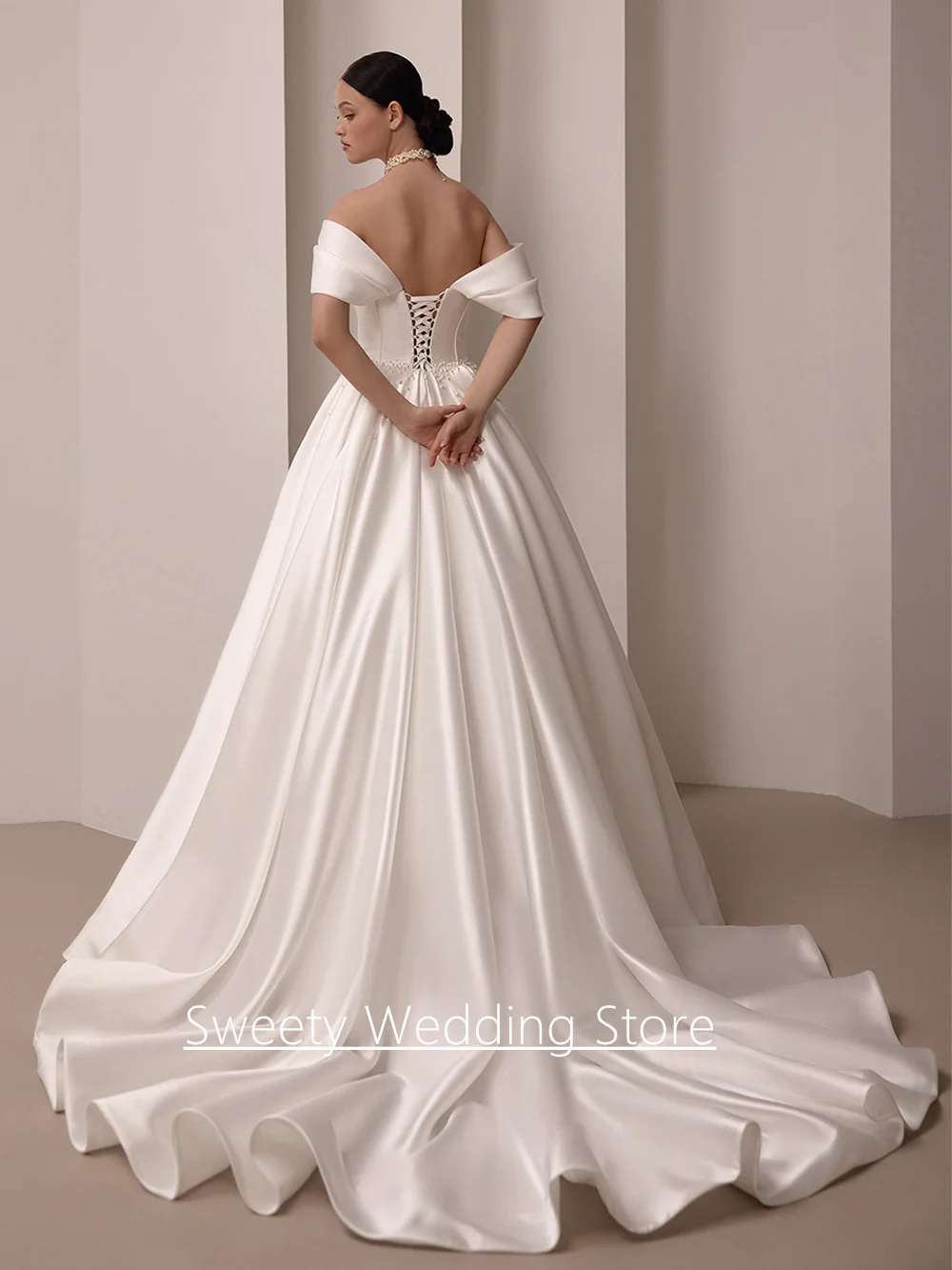 فستان الزفاف الحديث مخصص قبالة الكتف الحبيب اللؤلؤ ألف خط قطار المحكمة الساتان ثوب الزفاف Vestidos De Novia