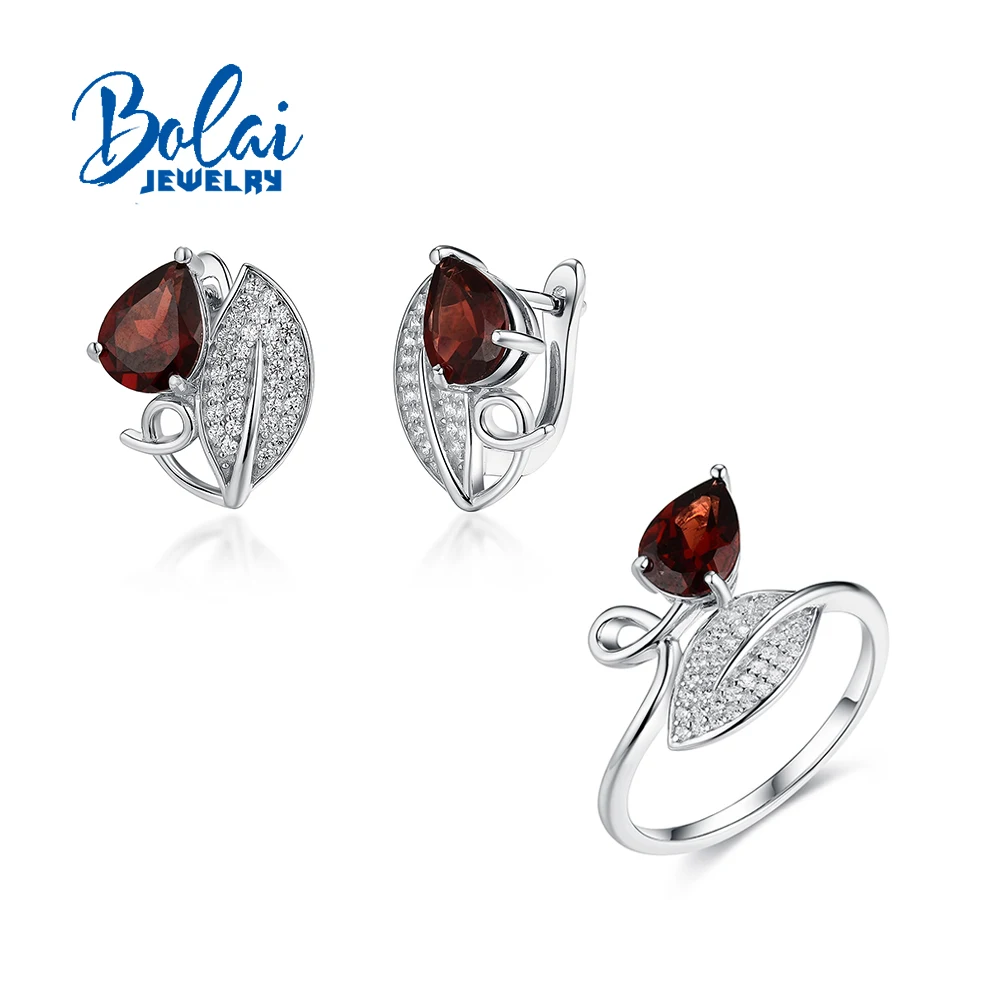 

Fancy Flower Leaf Style Clasp Silver Ring Earring for Lady Natural Garnet January Birthstone Fine Jewelry Birthday Party Gift