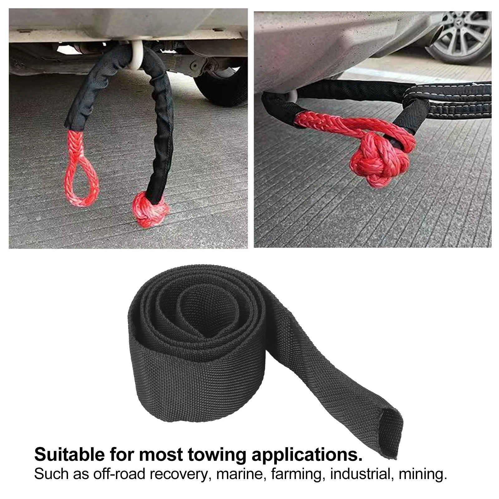 Polyester Winch Rope Protective Sleeve Black  for 5cm/1.97in Width Cable Line Winch Rope Protector Winch Strap Sleeve