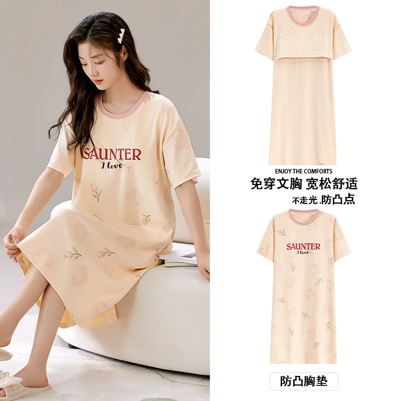 Summer Pijamas Set with chest pad Short-sleeved Nightdress Women's Cotton Cartoon Loungewear Student Korean version Nightgown