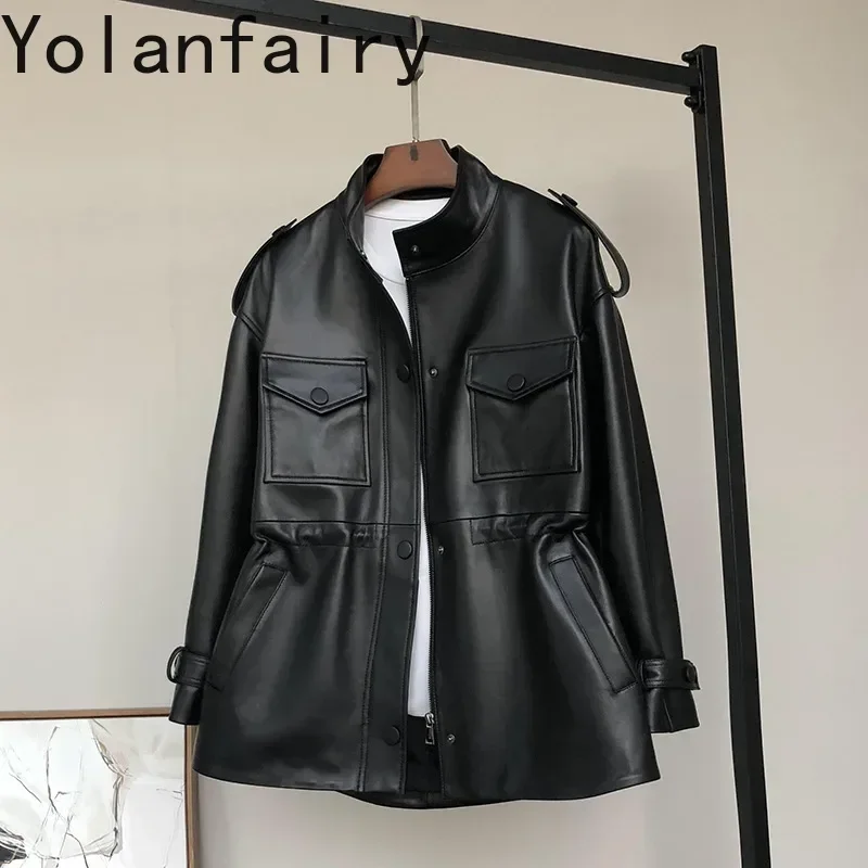 YOLANFAIRY Giacca in pelle da donna Donna Trench medio lungo in pelle di pecora naturale Abbigliamento femminile Autunno Jahжа Gesù Куртка Ж Dönusen