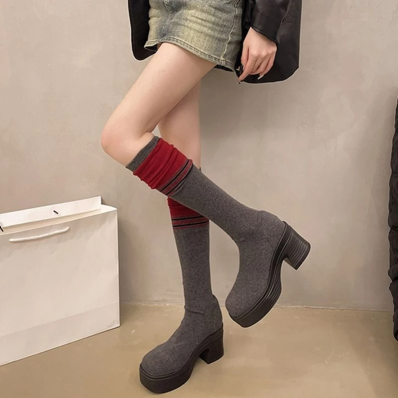 Women 2025 AW Knitted Stretchy Over The Knee Sock Boots Color Blocked Chunky Heel Korean Design Versatile Slimming Boots