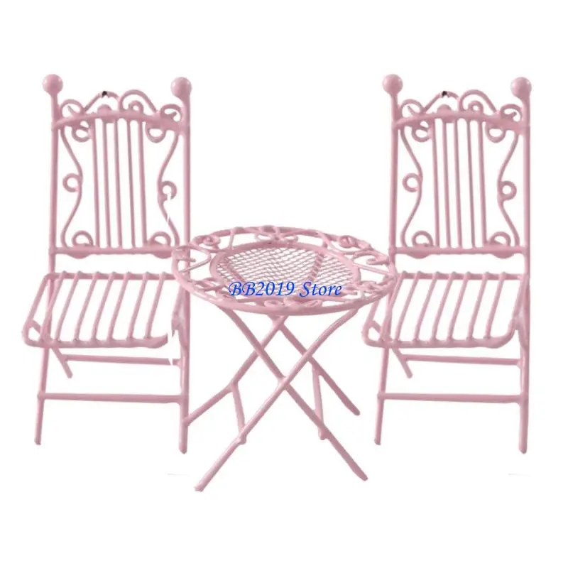 

Q0KB Железный набор мебели Миниатюрный столик с 2 стульями для кукольных домиков Декоры мебели