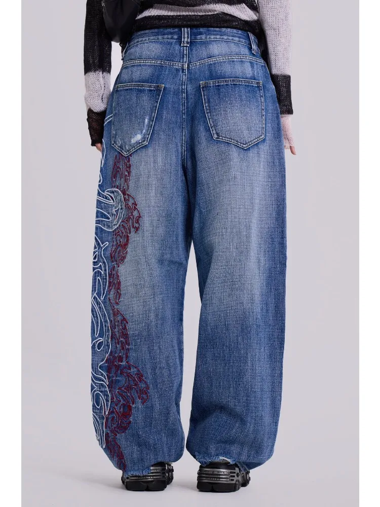 HOUZHOU Y2k グラフィック刺繍ヴィンテージ女性ジーンズ特大ヒップホップアメリカンスタイルストリートワイドレッグデニムパンツ原宿