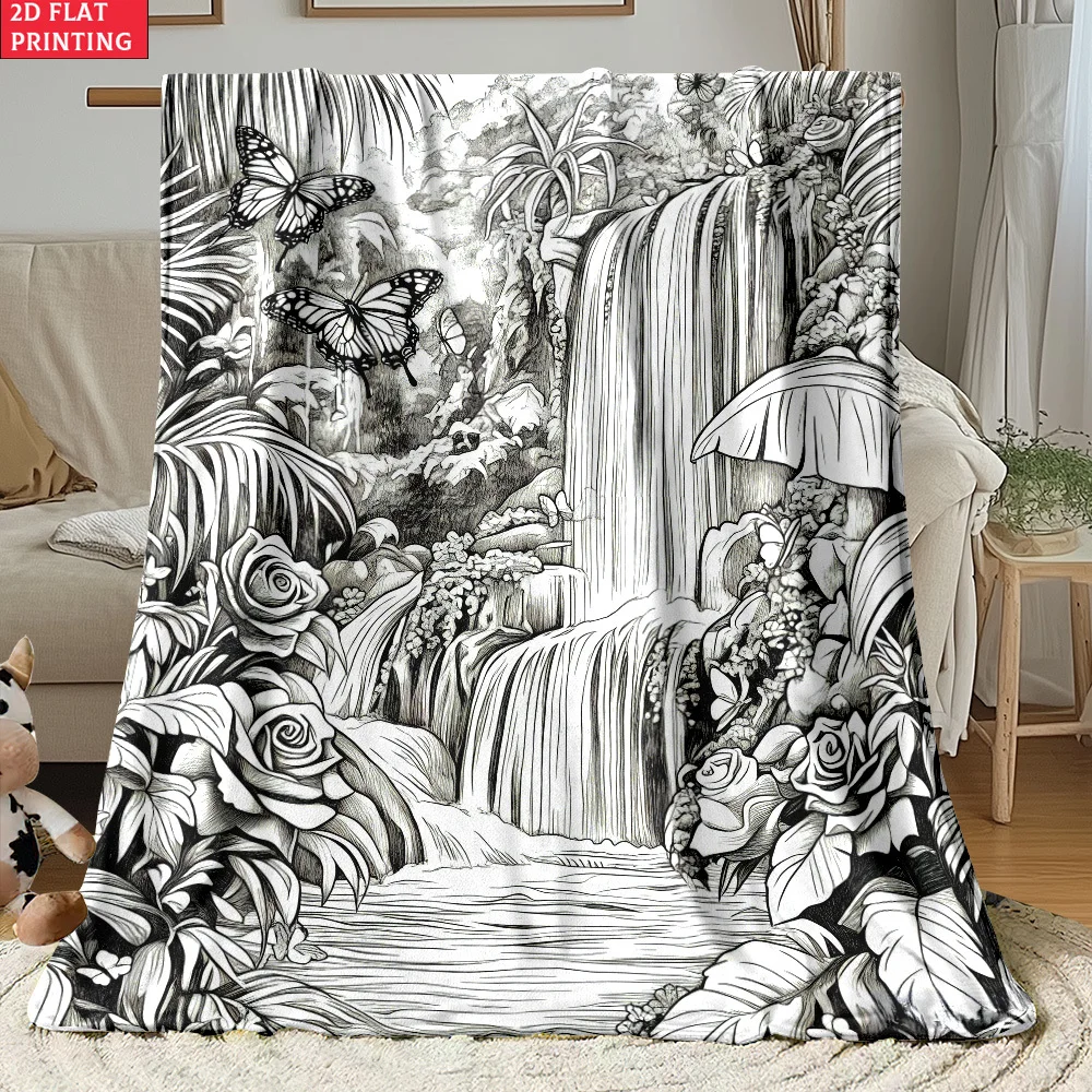Stunning Boho Waterfall Nature Floral Illustration Throw Blanket Black and White Botanical Art Tapestry Cottagecore Nursery Bed