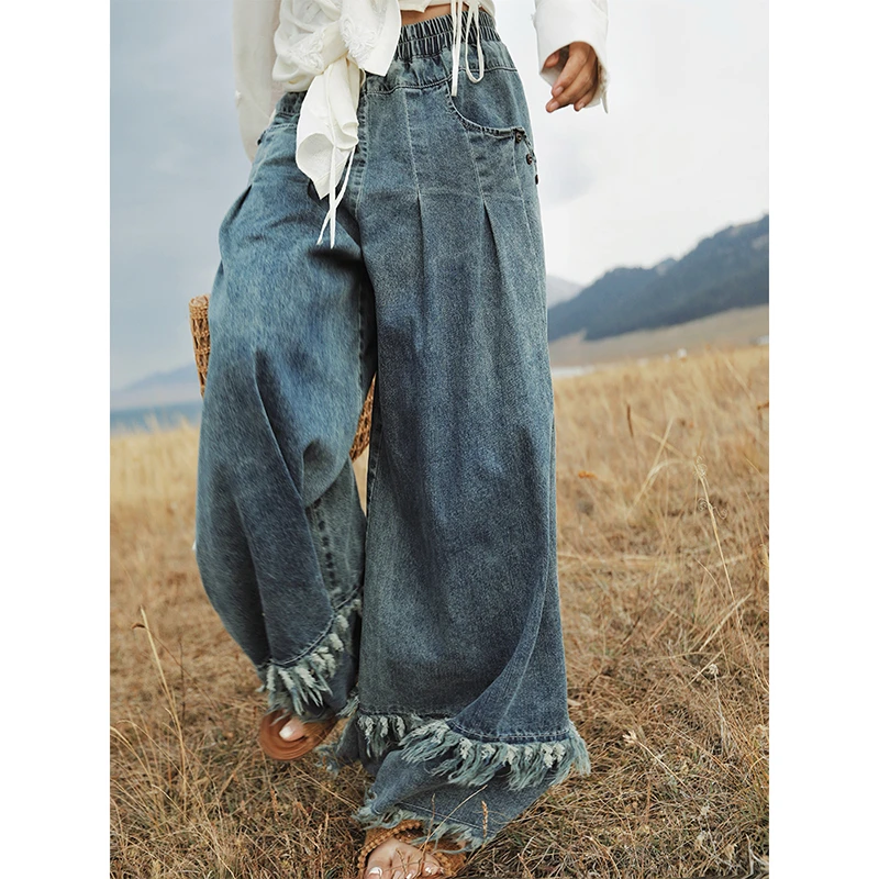 

New Arrival Spring Women Good Quality Cotton Denim Ankle-length Pants Elastic Waist Loose Tassel Design Wide Leg Pants Jeans T32