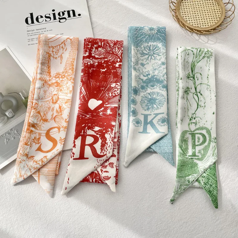 

Korean Style New 26 Letters Thin Narrow Small Silk Scarf Bag Ties Long Ribbon Oil Painting Headscarf Headband Hair Accessories