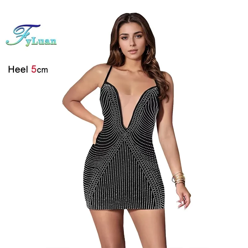 2025 Modern Style Women's Summer Dress Deep V Neck Suspender Mini Dress Sexy Tight Fitting Cocktail Prom Party Evening Club Wear