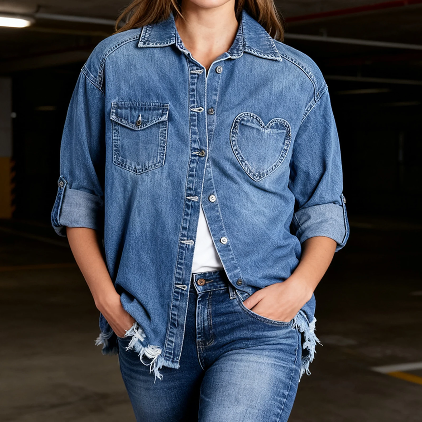 سترة نسائية للخريف من قماش الدنيم بلون سادة وأكمام طويلة وياقة مقلوبة وأزرار علوية للارتداء اليومي