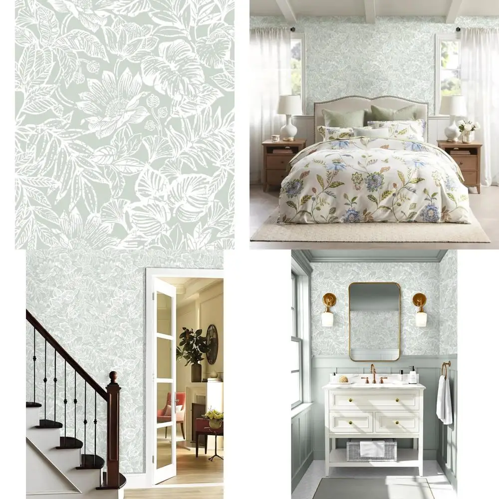 ورق جدران أخضر قابل للتقشير واللصق 17.3 × 590 لغرفة نوم الحمام - تصميم زهور بيضاء حديثة، شركة ديكور ذاتية اللصق قابلة للإزالة #1