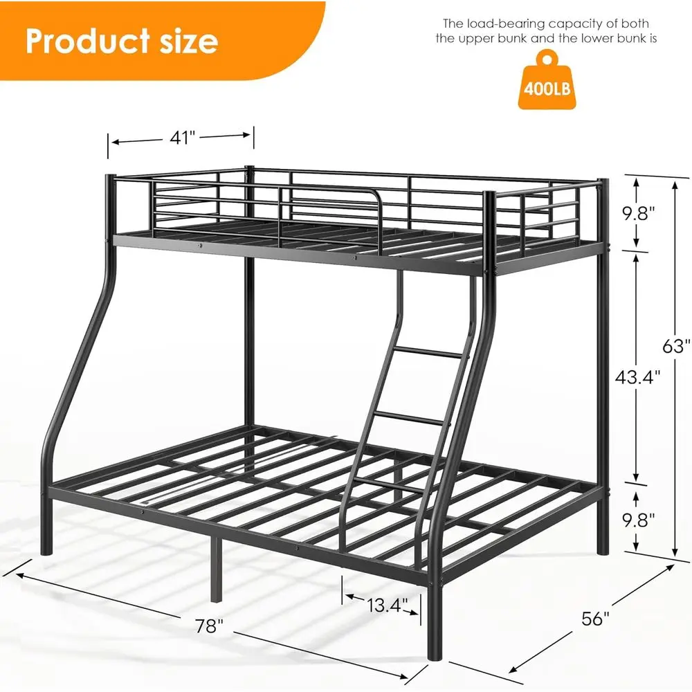 Twin Over Full Bunk Bed Heavy Duty Metal for Adults Space-Saving Dorm Apartment Small Room Black No Box Spring Needed