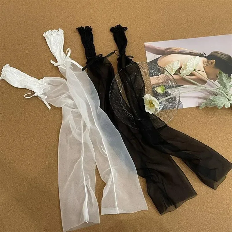 Harajuku Y2K Hot Girls Long Fingerless Hand Gloves Women Sexy Sheer Lace Tulle Spliced Bowknot Summer Sun Protection Oversleeves view 6
