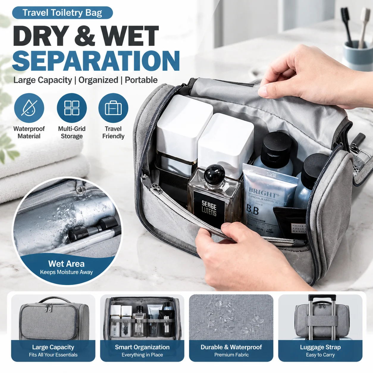 Japanese Travel Toiletry Bag Wet Dry Separation Large Capacity Portable Hanging Cosmetic Makeup Bag for Business Trip