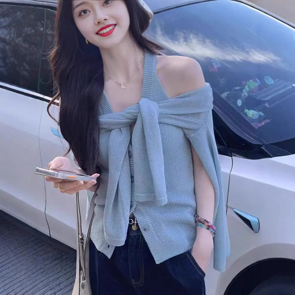 

Lyocell Linen Two-Piece Set Hot-Selling Casual Long-Sleeved Knitted Cardigan Sleeveless Vest Top for Women