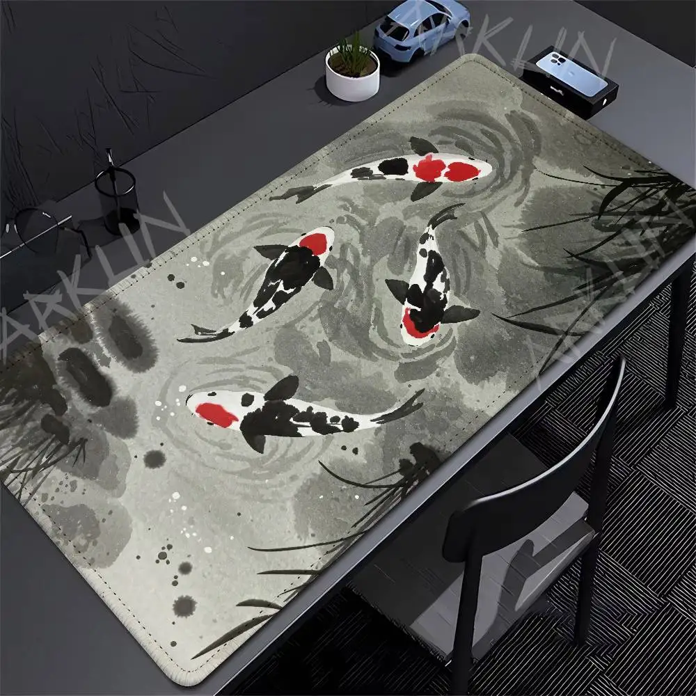 

Ink Wash Koi Fish Large Gaming Mouse Pad Vintage Oriental Ink Painting Redhead Koi Pond Grass Landscape Mat Non Slip Rubber pad