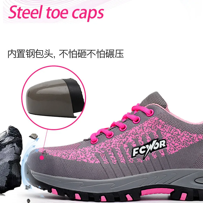 Safety Shoes for Women Steel Toe  Sneakers Puncture  Lightweight  Boots Female Pink Small Size