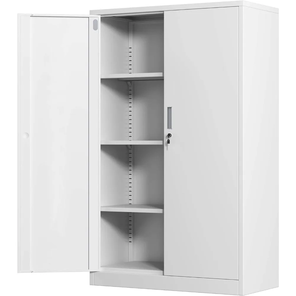 

A 53.5-inch lockable storage cabinet with a locked door and 3 adjustable shelves for home office storage