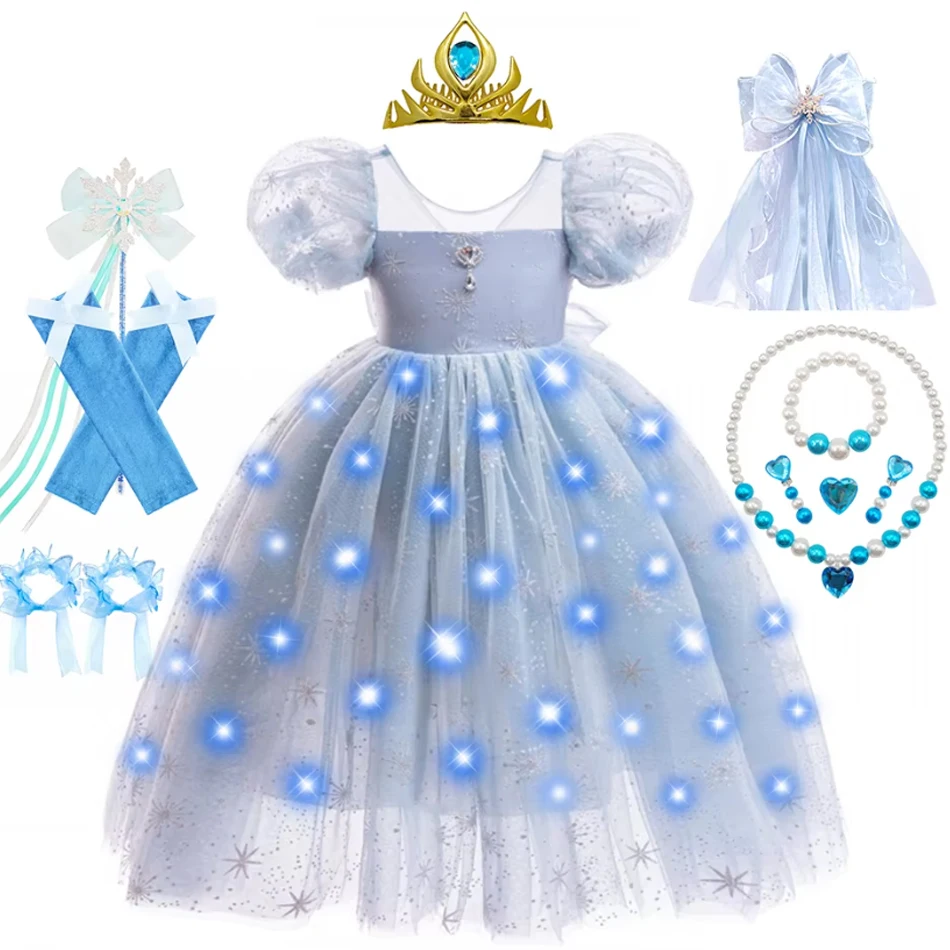 Elsa Girls Princess Dress Snowflake Bowknot Cosplay Snow Queen Costume Kids Carnival Birthday Party Role Playing Ball Gown