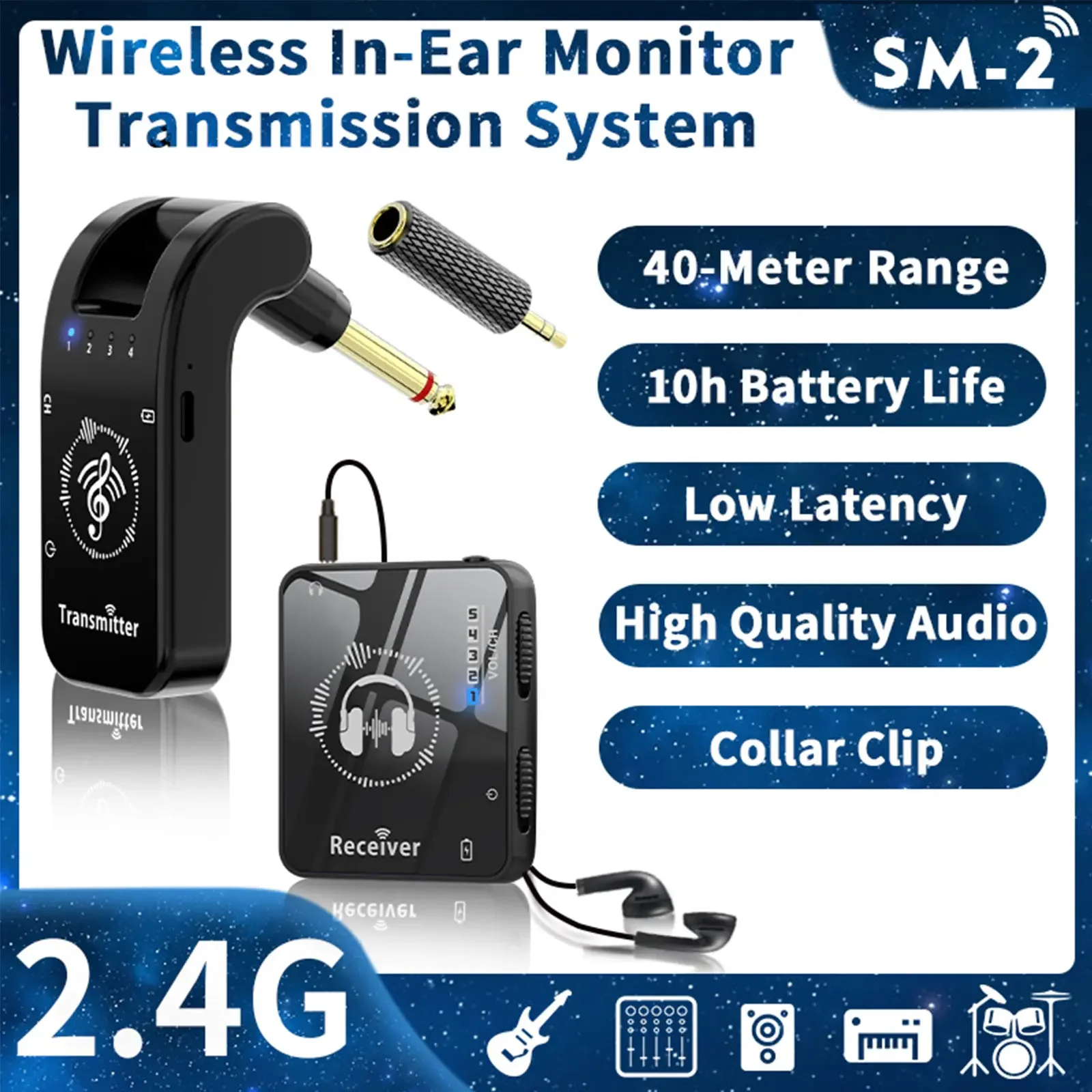 

Студийная беспроводная система мониторинга — 24-битный/96 кГц HD Audio IEM с передатчиком на клипсе для многодорожного восстановления