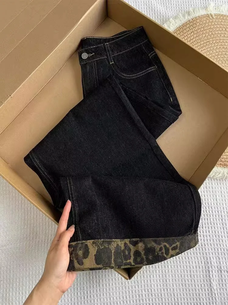 

Прямые джинсы больших размеров с высокой талией, женские осенние свободные утягивающие широкие брюки с леопардовым принтом, повседневные джинсовые брюки