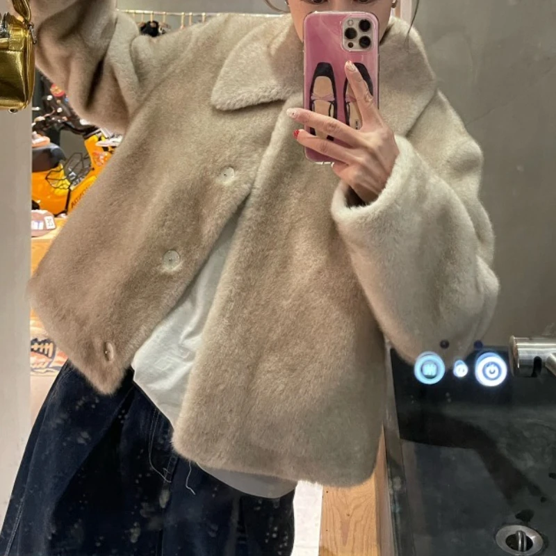 

Short Coat Women Faux Fur Coats Thick Warm Turn Down Collar Y2k Streetwear Elegant Overcoat Jackets Open Stitch Autumn Winter