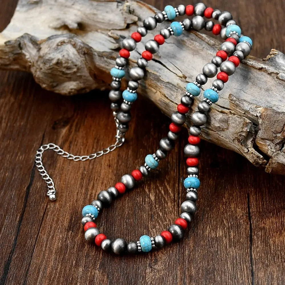 Creative Coloful Western Country Necklace Ethnic Style Alloy Turquoise Beads Choker Retro Cowboy Style Beaded Necklace Gift