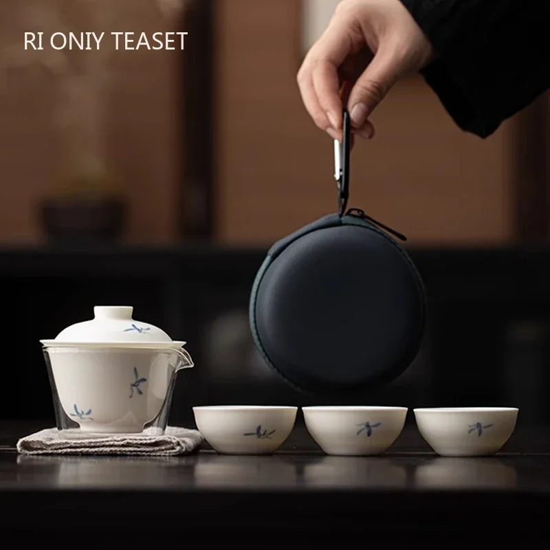 

Chinese Portable Travel Ceramic Tea Set Hand-painted Orchid Gaiwan Teacup Set Glass Fair Cup Beauty Tea Infuser Handmade Teaware