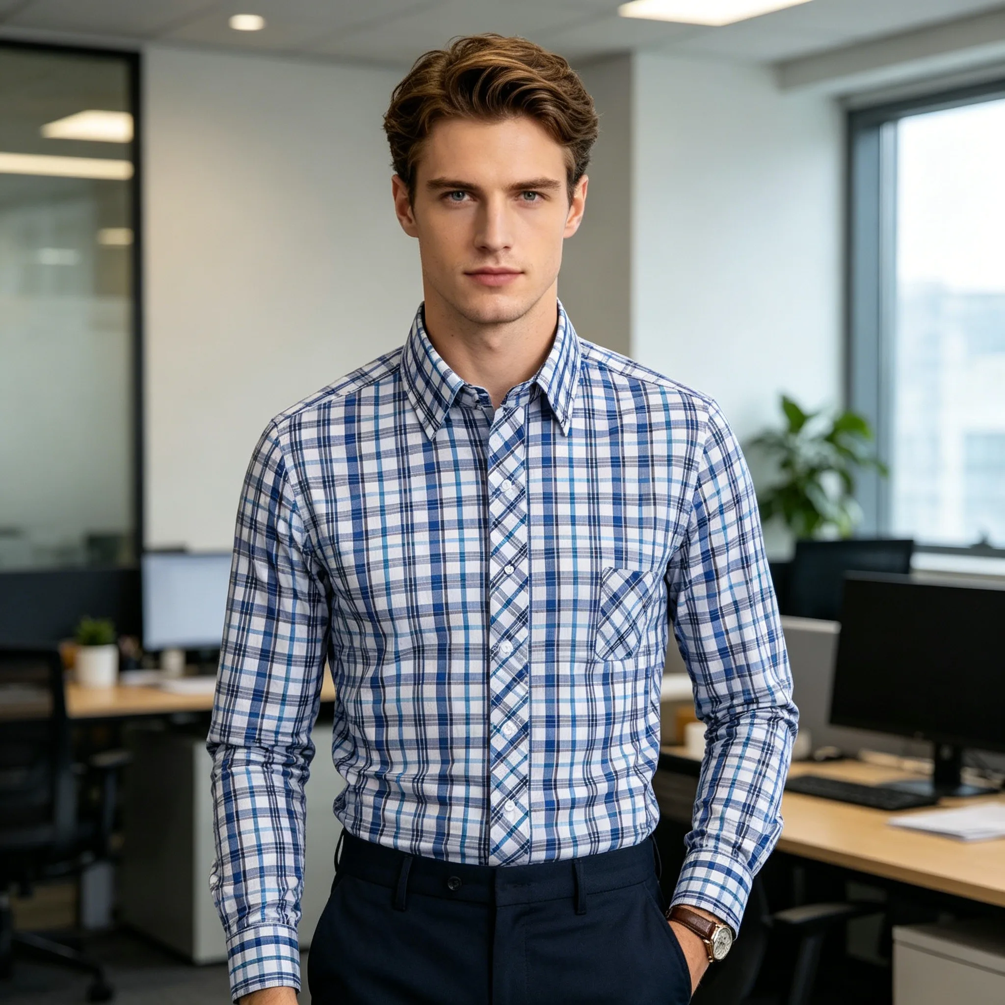 

2026 Spring Summer 100% Pure Cotton Man' Shirt Long Sleeve Plaid Cool Checkered Shirts Men Business Casual with Pocket Leisure