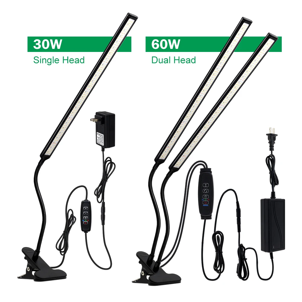 LED full spectrum clip-on grow light 30W/60W with timer switch - gooseneck plant lamp