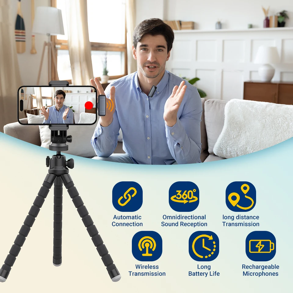 Micrófono de solapa profesional inalámbrico doble con clip de botón para iPhone Android, celular, PC y audio 5