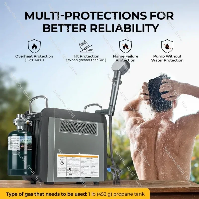 Portable Propane W/ Pump & Showerhead, Instant Hot Water Heater W/Built-In Battery For Showering & Cleaning